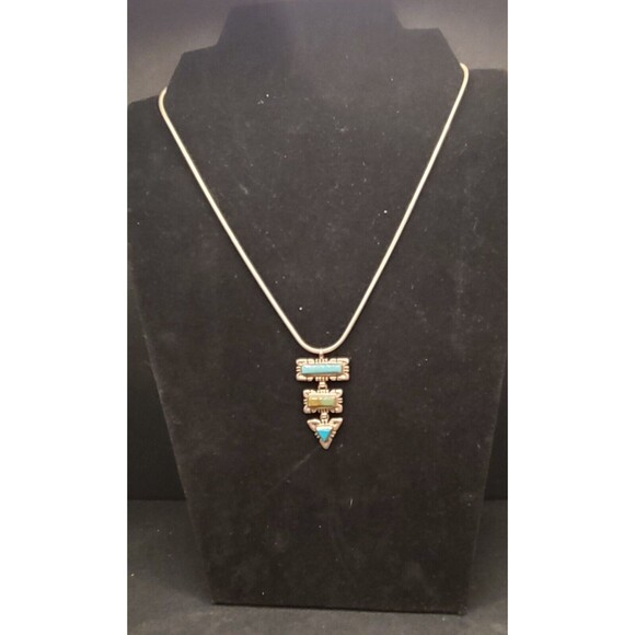 QT Sterling Silver Navajo Style Turquoise Necklace 17" 925 - Picture 3 of 4